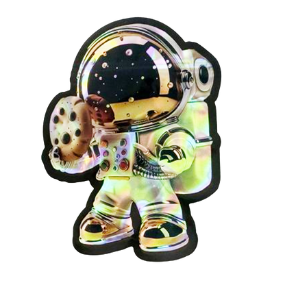 Mylar bag 3.5g, herb Mylar Bags, Where to buy mylar bags, Custom mylar bags near me, Mylar Bags Wholesale. Holographic astronaut toy figure on a white background