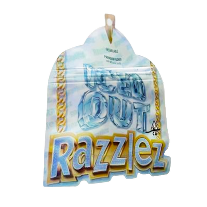 Mylar bag 3.5g, herb Mylar Bags, Where to buy mylar bags, Custom mylar bags near me, Mylar Bags Wholesale. Razzlez product packaging with colorful text on a white background