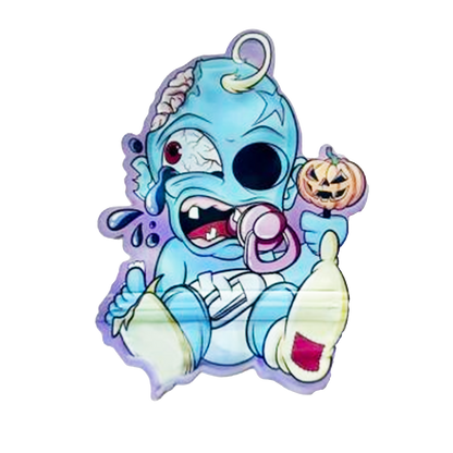 Mylar bag 3.5g, herb Mylar Bags, Where to buy mylar bags, Custom mylar bags near me, Mylar Bags Wholesale. Cartoon character with blue skin, white face, and a pacifier, holding a pumpkin, on a white background.