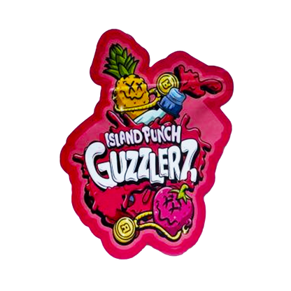 Mylar bag 3.5g, herb Mylar Bags, Where to buy mylar bags, Custom mylar bags near me, Mylar Bags Wholesale. Colorful logo with a pineapple and strawberry on a red background, featuring the text 'Island Punch Guzzlerz'.