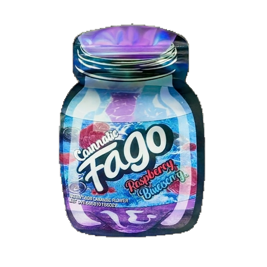 Jar of Mylar Bags Cannate Fago Raspberry Blueberry flavor on a white background