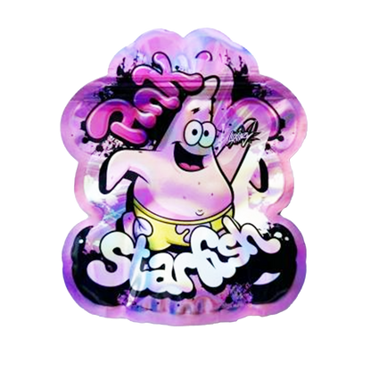 Mylar bag 3.5g, herb Mylar Bags, Where to buy mylar bags, Custom mylar bags near me, Mylar Bags Wholesale. Colorful Patrick Star figurine with 'Starfish' text on a white background