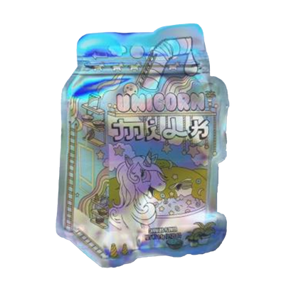 Mylar bag 3.5g, herb Mylar Bags, Where to buy mylar bags, Custom mylar bags near me, Mylar Bags Wholesale. Holographic packaging with unicorn design and text on a white background