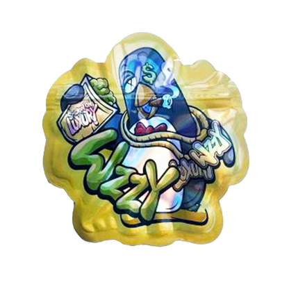 Mylar bag 3.5g, herb Mylar Bags, Where to buy mylar bags, Custom mylar bags near me, Mylar Bags Wholesale. Colorful graffiti-style design on a yellow background