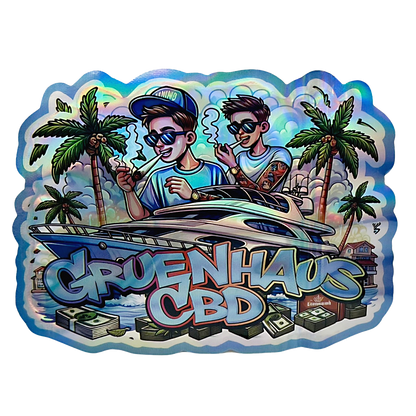 Mylar bag 3.5g, herb Mylar Bags, Where to buy mylar bags, Custom mylar bags near me, Mylar Bags Wholesale. Sticker with two people on a boat, palm trees, and 'Gruenhaus CBD' text.
