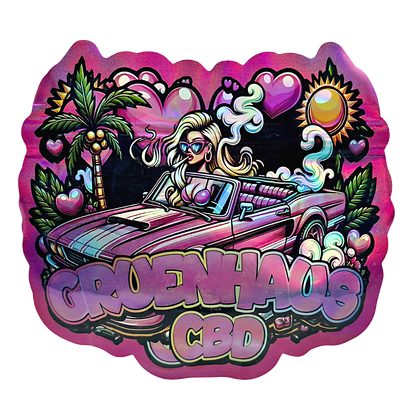 Mylar bag 3.5g, herb Mylar Bags, Where to buy mylar bags, Custom mylar bags near me, Mylar Bags Wholesale. Colorful graphic with a woman in a car, palm trees, and 'Greenhaze CBD' text on a pink border.