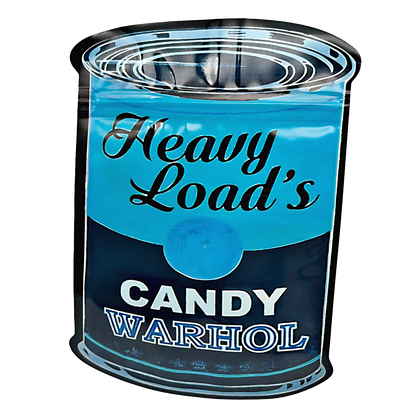 Mylar bag 3.5g, herb Mylar Bags, Where to buy mylar bags, Custom mylar bags near me, Mylar Bags Wholesale. Blue canister with 'Heavy Load's Candy Warhol' text on a white background