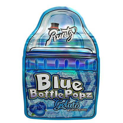 Mylar bag 3.5g, herb Mylar Bags, Where to buy mylar bags, Custom mylar bags near me, Mylar Bags Wholesale. Blue bottle-shaped gelato packaging with 'Runtz' branding on a white background