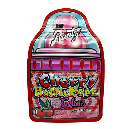 Mylar bag 3.5g, herb Mylar Bags, Where to buy mylar bags, Custom mylar bags near me, Mylar Bags Wholesale. Packaged Cherry Bottle Popz Gelato with 'Runtz' branding on a white background