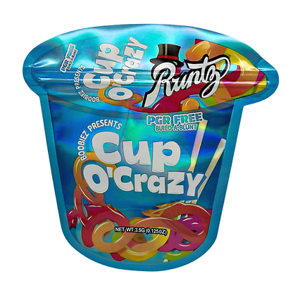 Mylar bag 3.5g, herb Mylar Bags, Where to buy mylar bags, Custom mylar bags near me, Mylar Bags Wholesale. Cup O' Crazy candy packaging with colorful text and branding on a white background