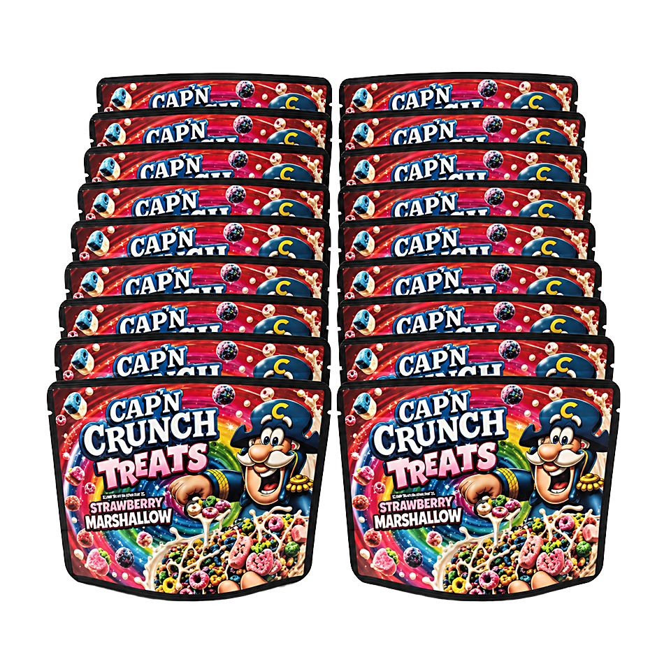 32 Pack – 7g Exotic Thick Sticker Mylar Bags – Premium Smell Proof - Cap'n Crunch Treats Strawberry Marshallow