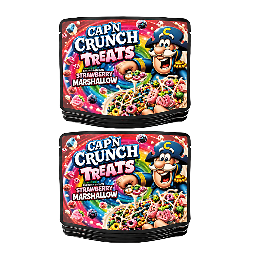 32 Pack – 7g Exotic Thick Sticker Mylar Bags – Premium Smell Proof - Cap'n Crunch Treats Strawberry Marshallow