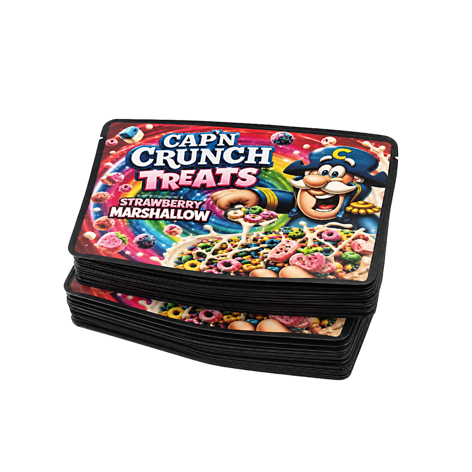 32 Pack – 7g Exotic Thick Sticker Mylar Bags – Premium Smell Proof - Cap'n Crunch Treats Strawberry Marshallow