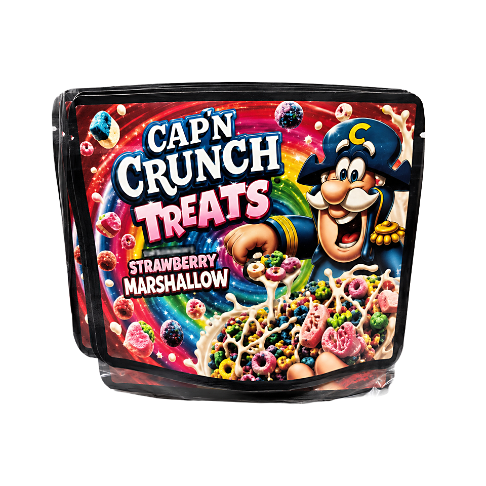 32 Pack – 7g Exotic Thick Sticker Mylar Bags – Premium Smell Proof - Cap'n Crunch Treats Strawberry Marshallow