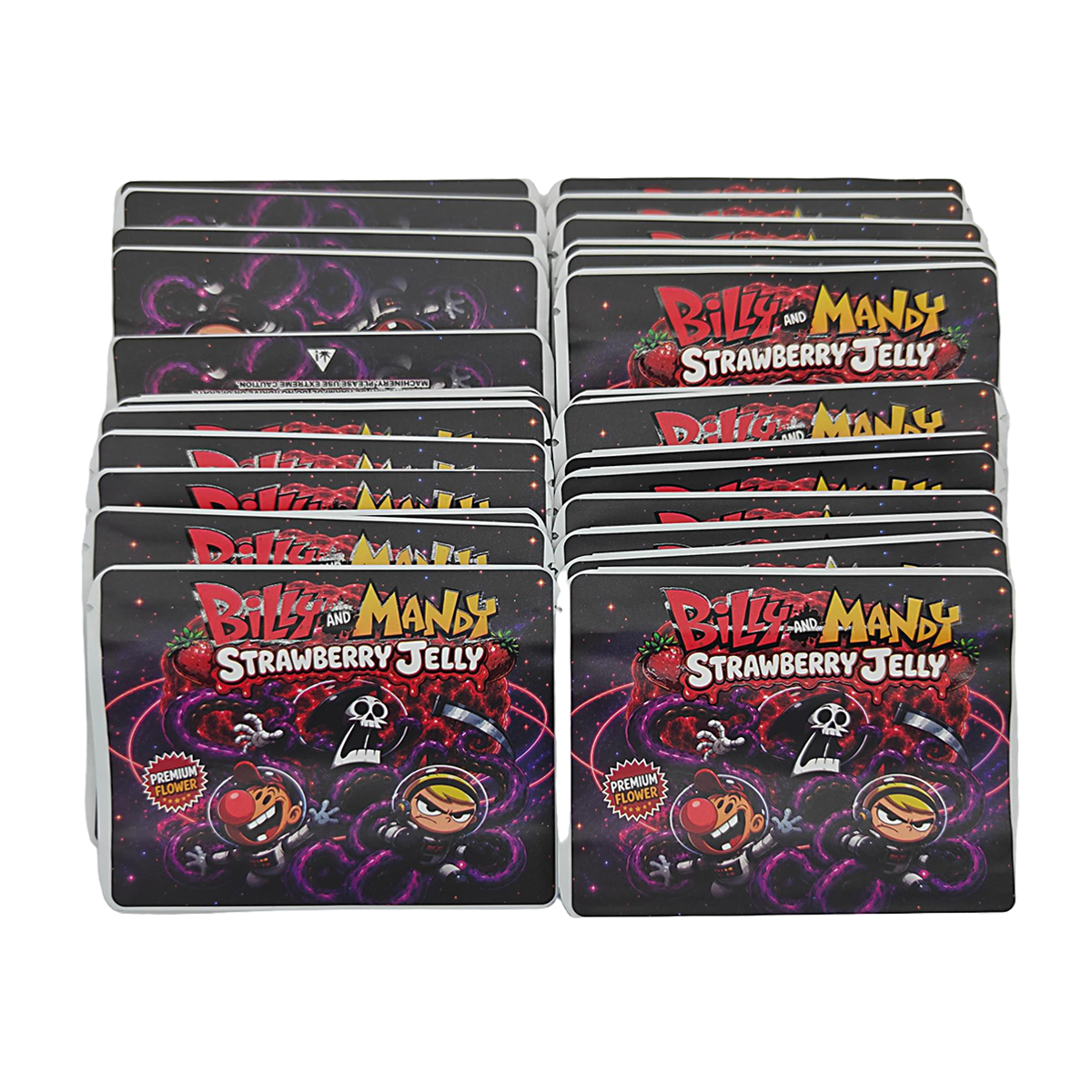 32 Pack – 7g Exotic Thick Sticker Mylar Bags – Premium Smell Proof - Billy and Mandy Strawberry Jelly
