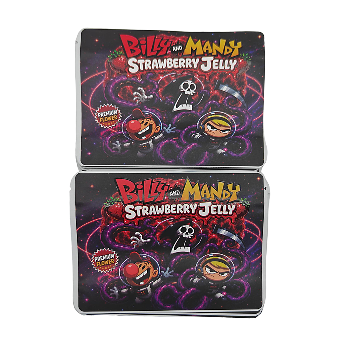 32 Pack – 7g Exotic Thick Sticker Mylar Bags – Premium Smell Proof - Billy and Mandy Strawberry Jelly