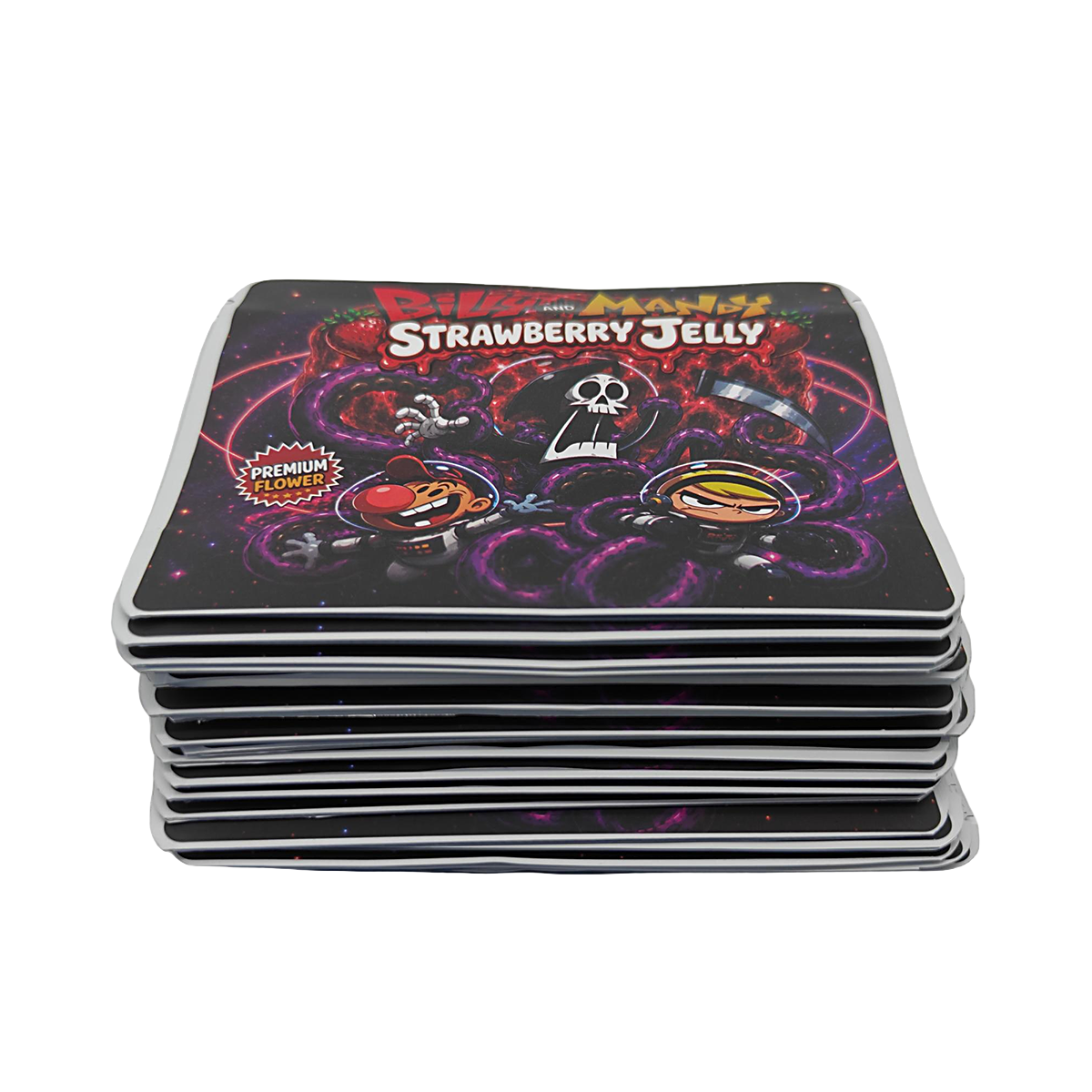 32 Pack – 7g Exotic Thick Sticker Mylar Bags – Premium Smell Proof - Billy and Mandy Strawberry Jelly