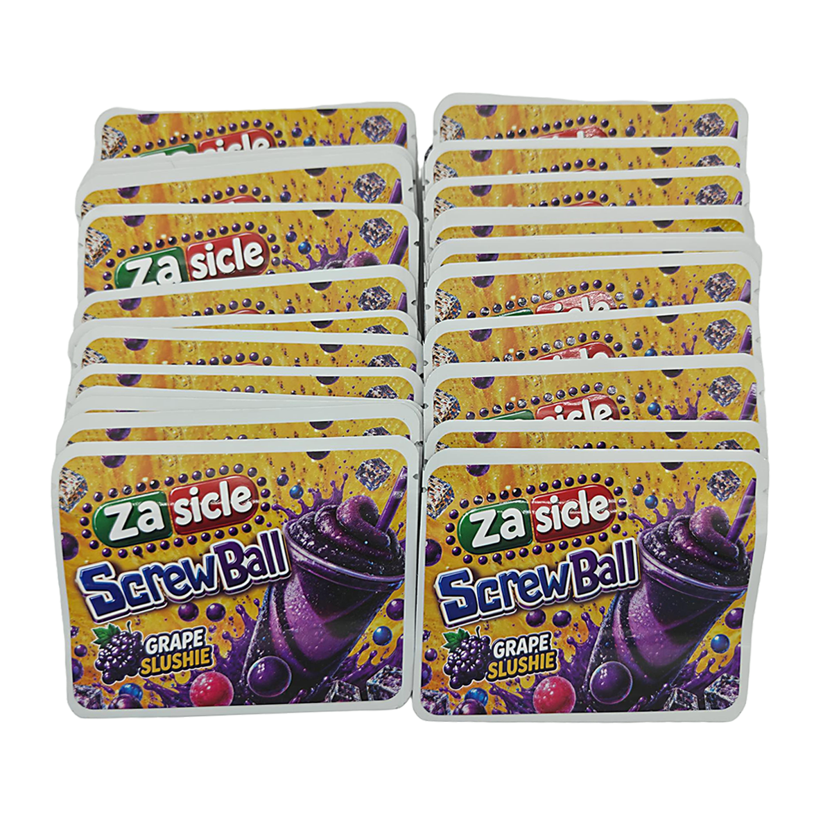 32 Pack – 7g Exotic Thick Sticker Mylar Bags – Premium Smell Proof - Za Sicle Screwball Grape Slushie