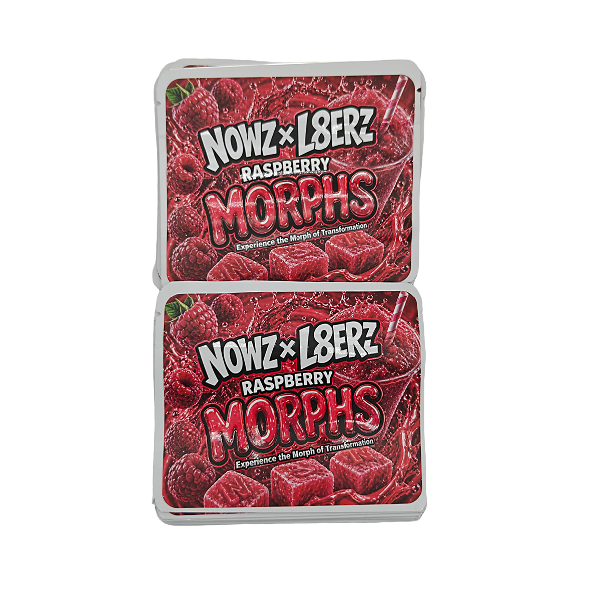 32 Pack – 7g Exotic Thick Sticker Mylar Bags – Premium Smell Proof - Nowz X L8erz Raspberry Morphs