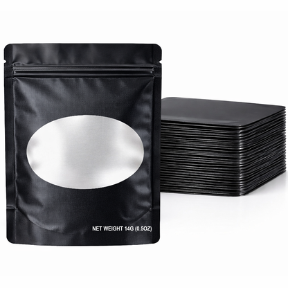 50 Pack – 14g Solid Color Mylar Bags with Oval Window - Black