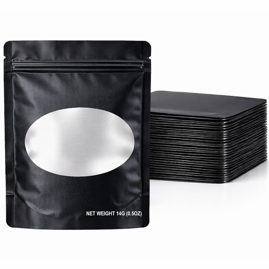 50 Pack – 14g Solid Color Mylar Bags with Oval Window - Black