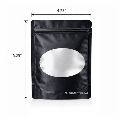 50 Pack – 14g Solid Color Mylar Bags with Oval Window - Black