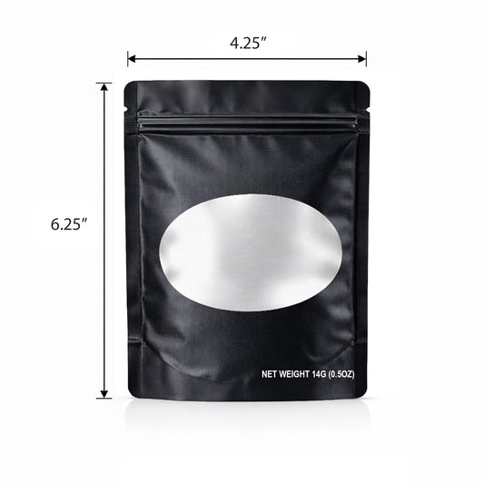 50 Pack – 14g Solid Color Mylar Bags with Oval Window - Black