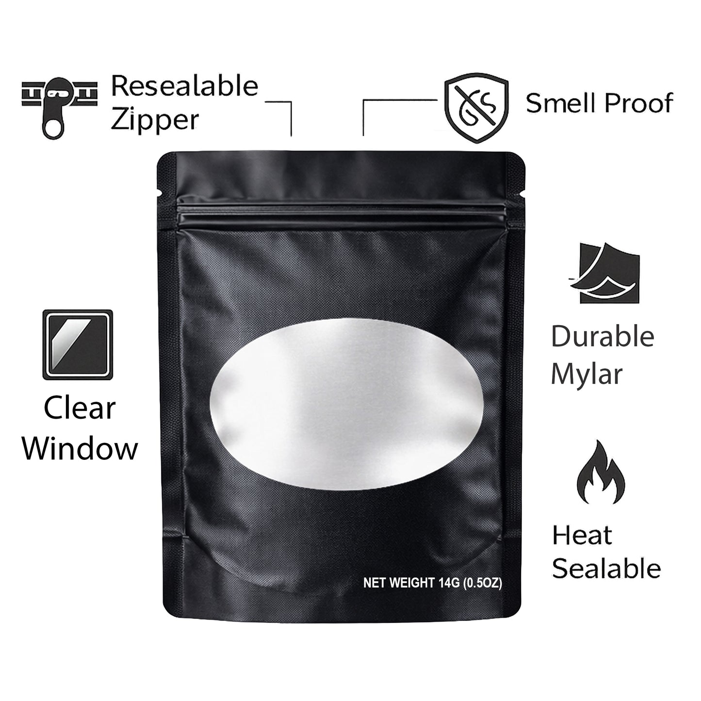 50 Pack – 14g Solid Color Mylar Bags with Oval Window - Black