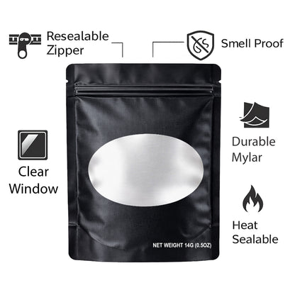 50 Pack – 14g Solid Color Mylar Bags with Oval Window - Black