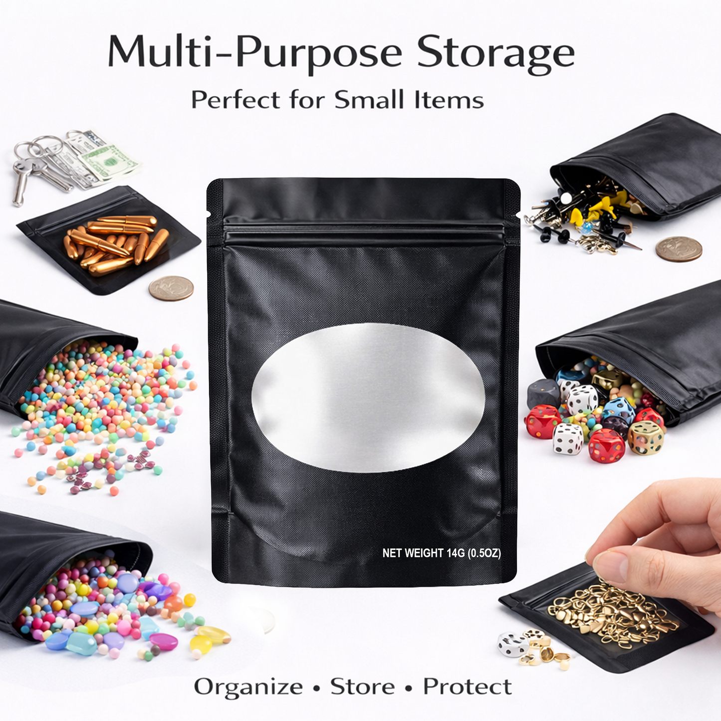 50 Pack – 14g Solid Color Mylar Bags with Oval Window - Black
