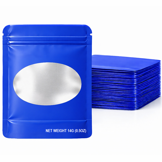 50 Pack – 14g Solid Color Mylar Bags with Oval Window - Royal Blue