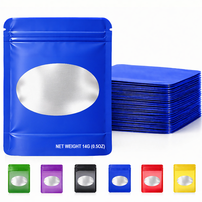 50 Pack – 14g Solid Color Mylar Bags with Oval Window - Royal Blue