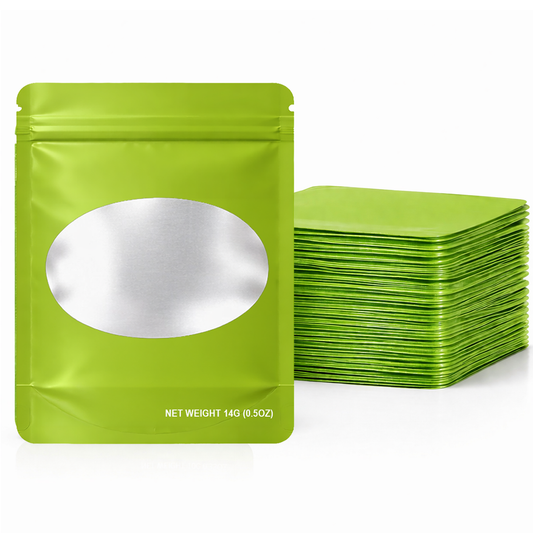 50 Pack – 14g Solid Color Mylar Bags with Oval Window - Green