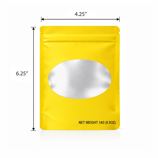 50 Pack – 14g Solid Color Mylar Bags with Oval Window - Gold