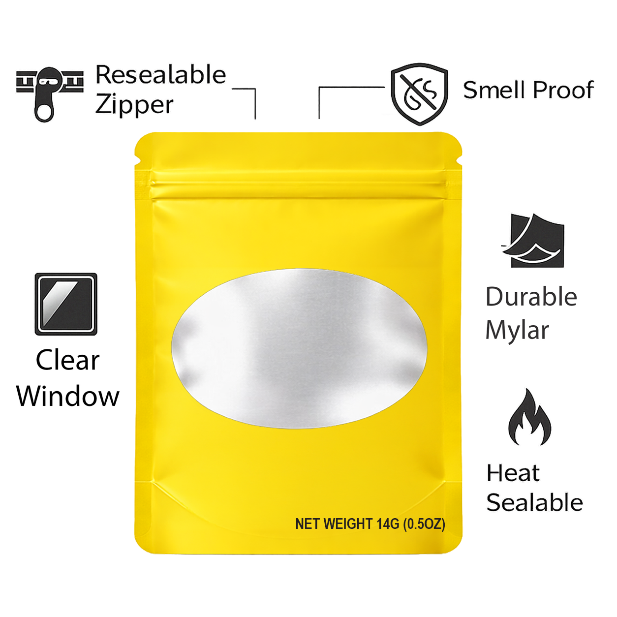 50 Pack – 14g Solid Color Mylar Bags with Oval Window - Yellow