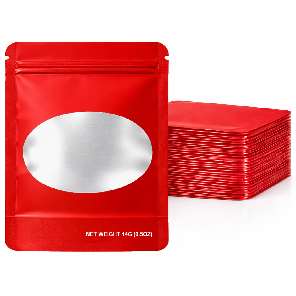 50 Pack – 14g Solid Color Mylar Bags with Oval Window - Red