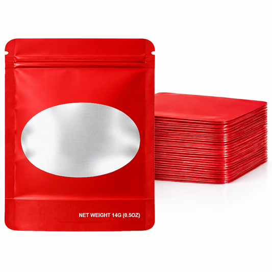50 Pack – 14g Solid Color Mylar Bags with Oval Window - Red