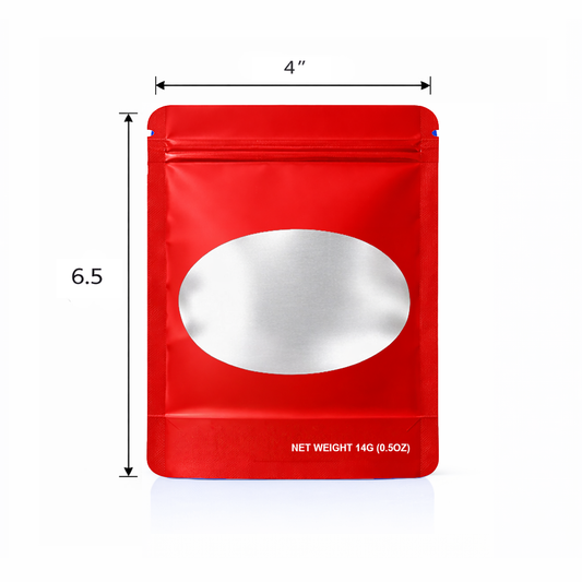 50 Pack – 14g Solid Color Mylar Bags with Oval Window - Red