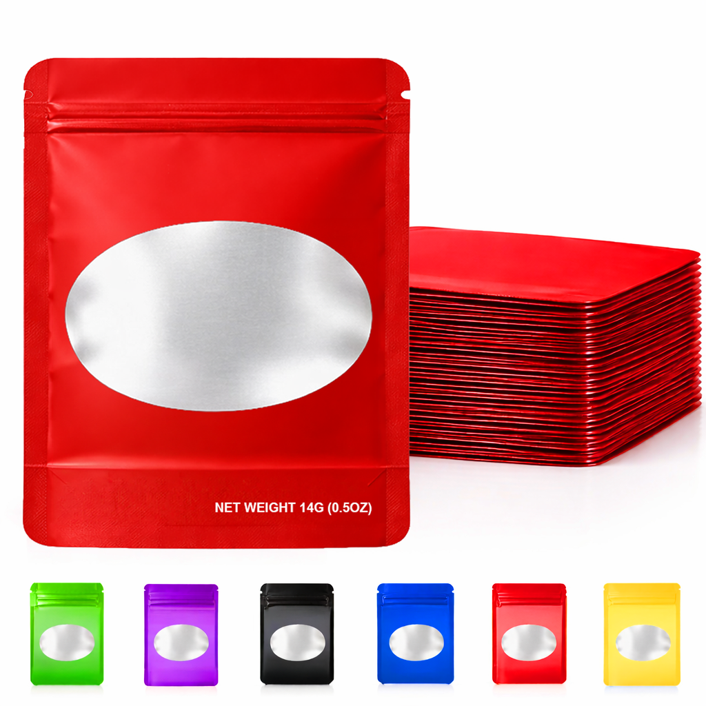 50 Pack – 14g Solid Color Mylar Bags with Oval Window - Red