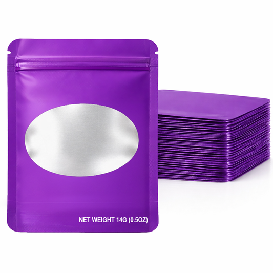 50 Pack – 14g Solid Color Mylar Bags with Oval Window - Purple