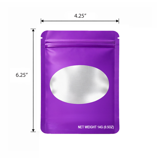 50 Pack – 14g Solid Color Mylar Bags with Oval Window - Purple
