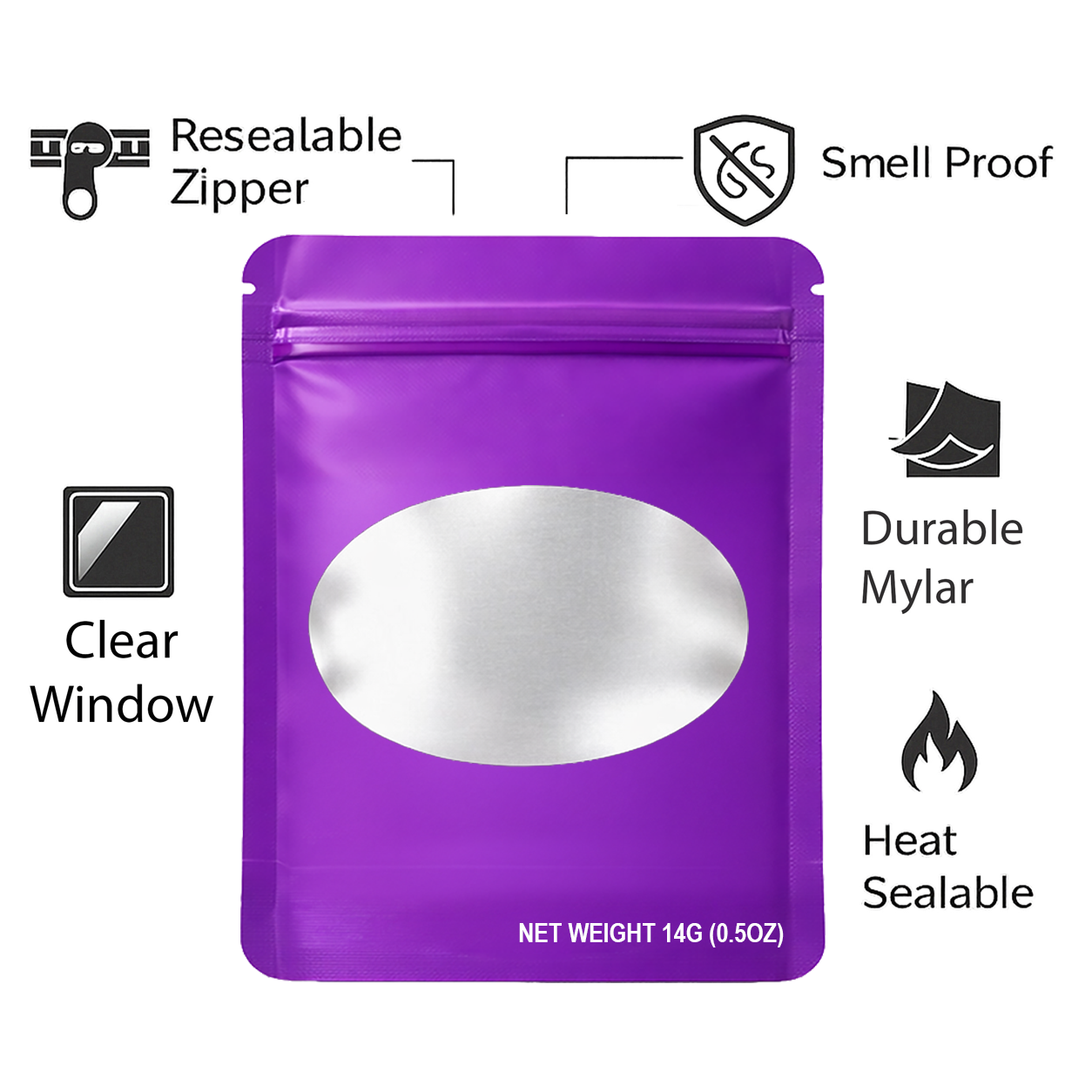 50 Pack – 14g Solid Color Mylar Bags with Oval Window - Purple