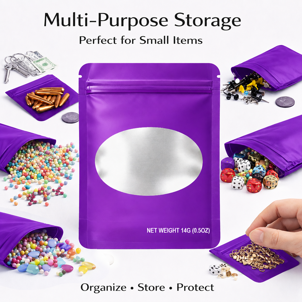 50 Pack – 14g Solid Color Mylar Bags with Oval Window - Purple