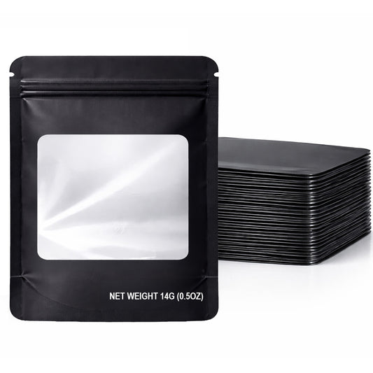 50 Pack – 14g Solid Color Mylar Bags with Square Window - Black