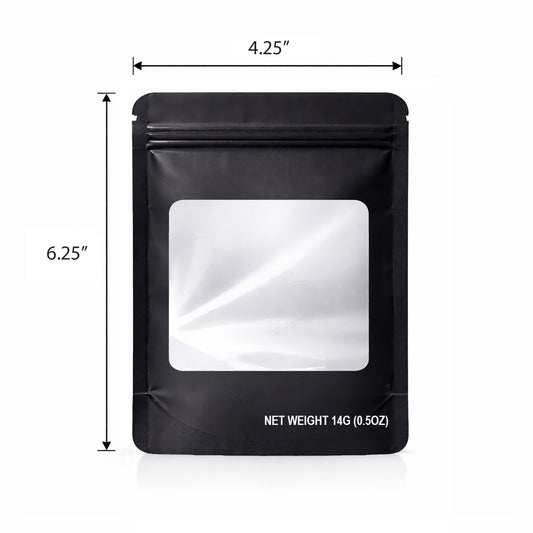 50 Pack – 14g Solid Color Mylar Bags with Square Window - Black