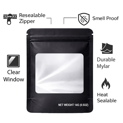 50 Pack – 14g Solid Color Mylar Bags with Square Window - Black