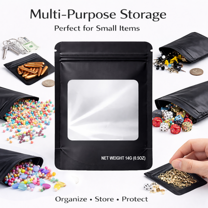 50 Pack – 14g Solid Color Mylar Bags with Square Window - Black