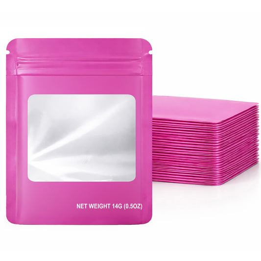 50 Pack – 14g Solid Color Mylar Bags with Square Window - Pink