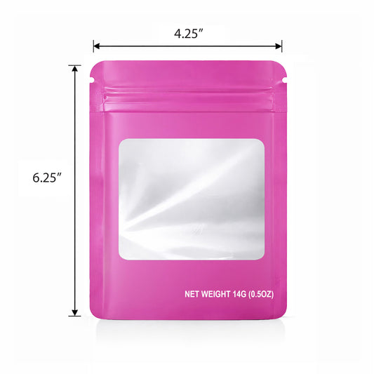 50 Pack – 14g Solid Color Mylar Bags with Square Window - Pink