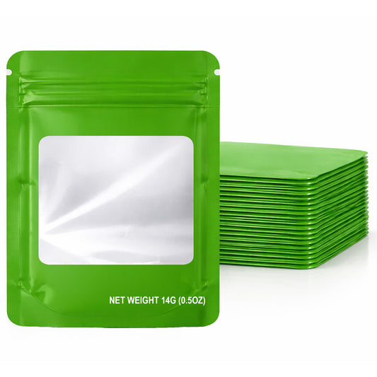 50 Pack – 14g Solid Color Mylar Bags with Square Window - Green
